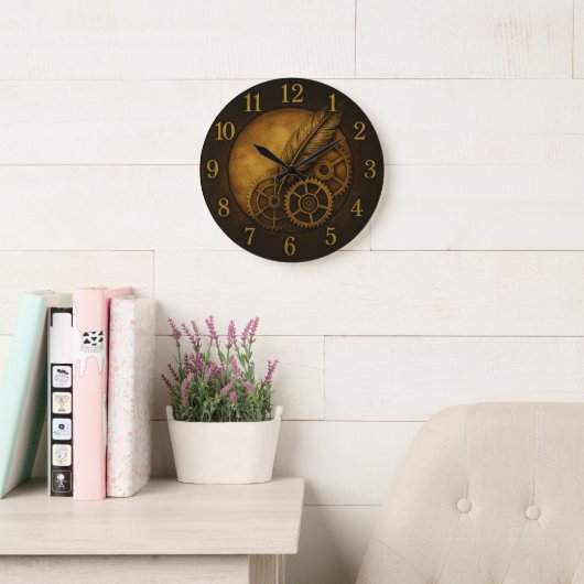 Steampunk Feather Clock – Antique Gold Art ラージ壁時計 (読書スペース)
