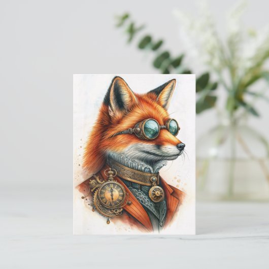 Steampunk Fox - Timekeeper Watercolor ポストカード (スタンド正面)