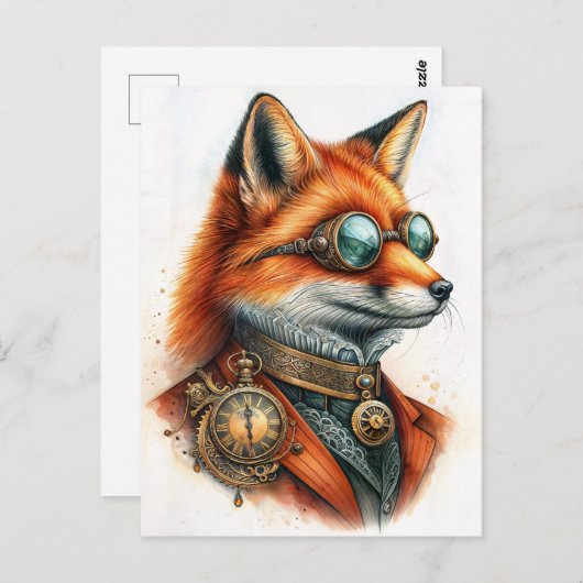 Steampunk Fox - Timekeeper Watercolor ポストカード (正面/裏面)
