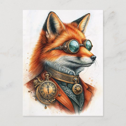 Steampunk Fox - Timekeeper Watercolor ポストカード (正面)