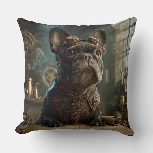 Steampunk Frenchie (Edition 1) - Throw Pillow クッション (正面)
