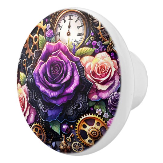 Steampunk Gears and Flowers in Purple and Gold セラミックノブ (右)