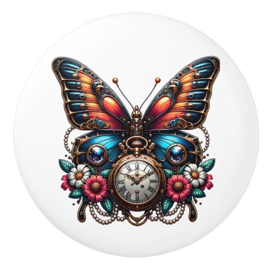 Steampunk Gears, Flowers and Butterfly  セラミックノブ (正面)