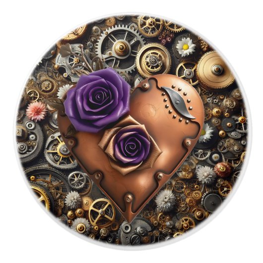 Steampunk Gears, Flowers and Copper Heart セラミックノブ (正面)
