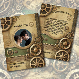 Steampunk Gearworkビクトリアンの結婚写真 サンキューカード