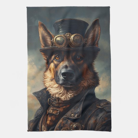Steampunk German Shepherd Dog in Top Hat キッチンタオル (縦)