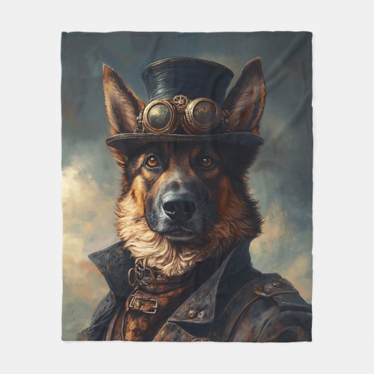 Steampunk German Shepherd Dog in Top Hat フリースブランケット (正面)
