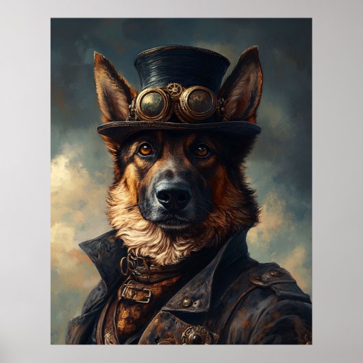 Steampunk German Shepherd Dog in Top Hat ポスター (正面)