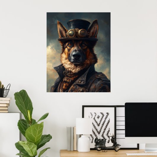 Steampunk German Shepherd Dog in Top Hat ポスター (ホームオフィス)