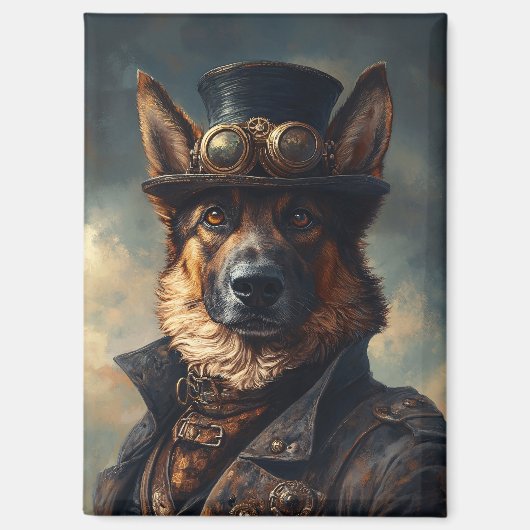 Steampunk German Shepherd Dog in Top Hat マグネット (正面)
