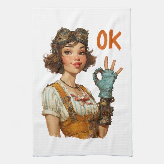 Steampunk Girl Confident OK Gesture キッチンタオル (縦)