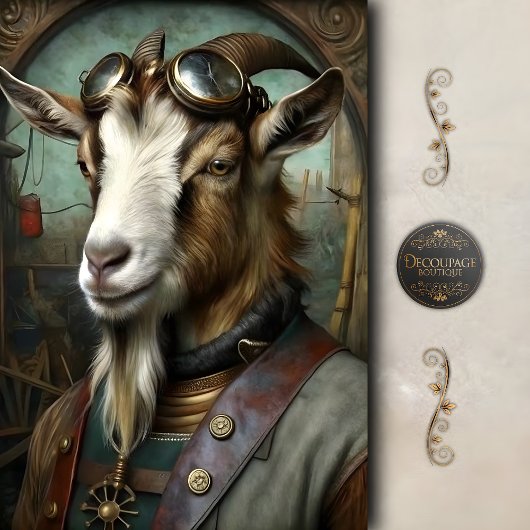 Steampunk Goat Whimsical Vintage Farm Decoupage 薄葉紙