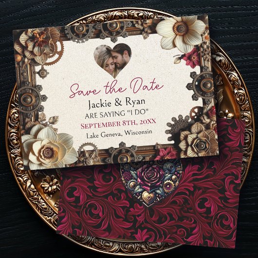 Steampunk Gothicをテーマにした結婚式の日付を保存 セーブザデート