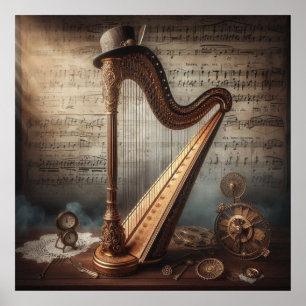 Steampunk Harp = Sheetmusic Background ポスター