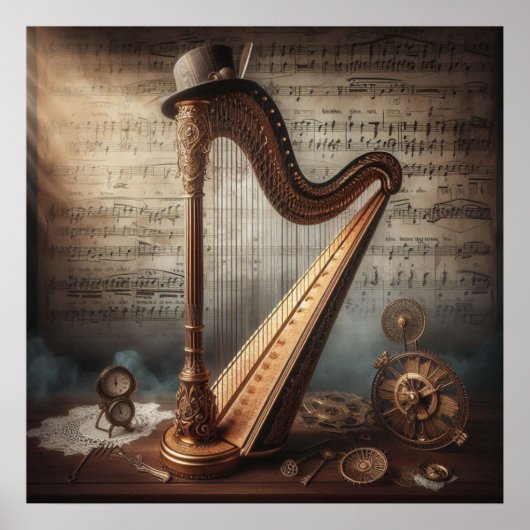 Steampunk Harp = Sheetmusic Background ポスター (正面)
