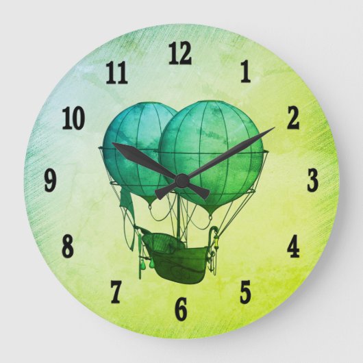 Steampunk Hot Air Balloons with Ship Green ラージ壁時計 (正面)