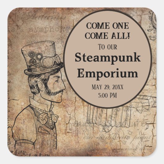 Steampunk Inventorトップハットパーソナライズされたイベント スクエアシール (正面)