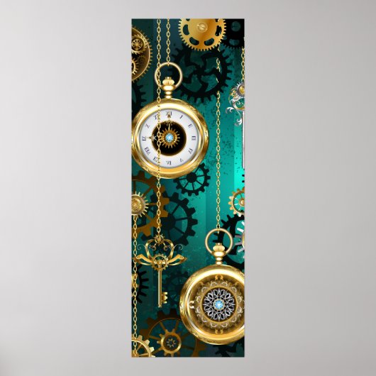 Steampunk Jewelry Watch on a Green Background ポスター (正面)