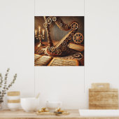Steampunk Large Harp, Sheet Music, Candels,ギア ポスター (キッチン)