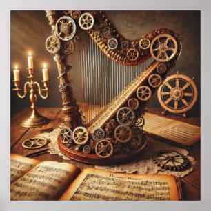 Steampunk Large Harp, Sheet Music, Candels,ギア ポスター