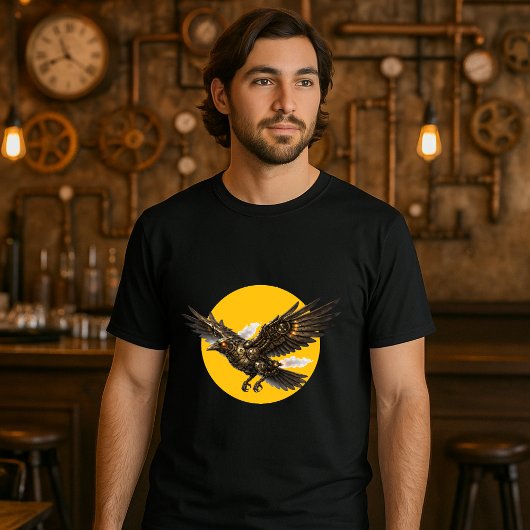 Steampunk Mechanical Flying Crow over Full Moon Tシャツ