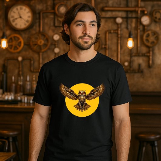 Steampunk Mechanical Flying Owl over Full Moon Tシャツ