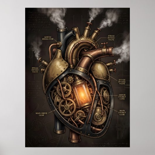Steampunk Mechanical Heart Anatomical Blueprint  ポスター (正面)