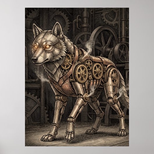Steampunk Mechanical Wolf Brass Gears Victorian  ポスター (正面)