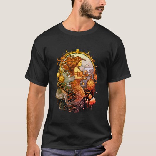 Steampunk Mermaid Image on a Black SS T-Shirt Tシャツ (正面)