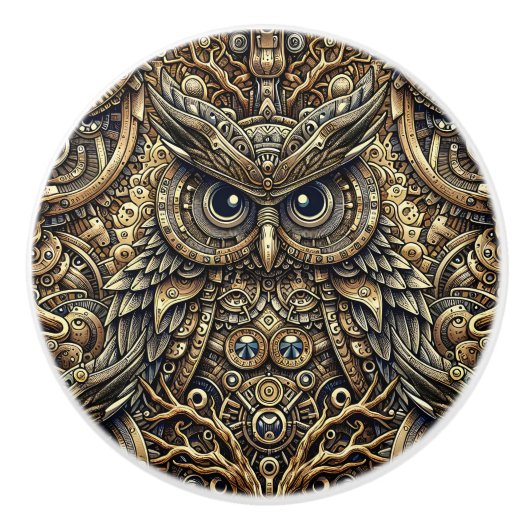 Steampunk Metal and Diamond Gold Owl セラミックノブ (正面)