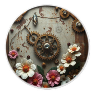 Steampunk Metal Flowers, Gears and Diamonds セラミックノブ