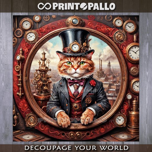 Steampunk noble red cat in a frame - Decoupage  ラッピングペーパーシート