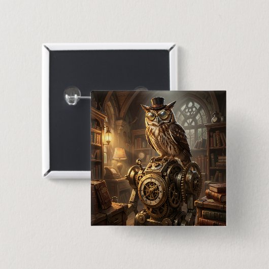 steampunk owl clockwork art button 缶バッジ (正面&裏面)