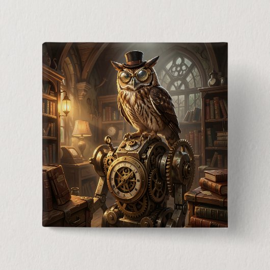 steampunk owl clockwork art button 缶バッジ (正面)