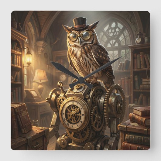 steampunk owl clockwork art clock スクエア壁時計 (正面)