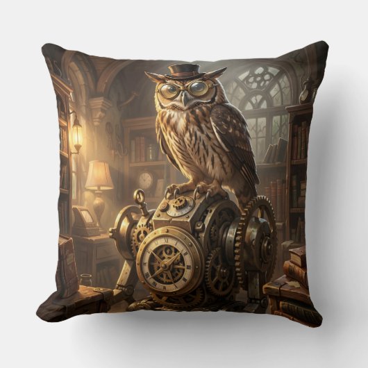 steampunk owl clockwork art pillow クッション (正面)