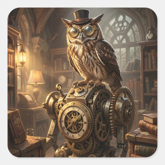 steampunk owl clockwork art stickers スクエアシール (正面)