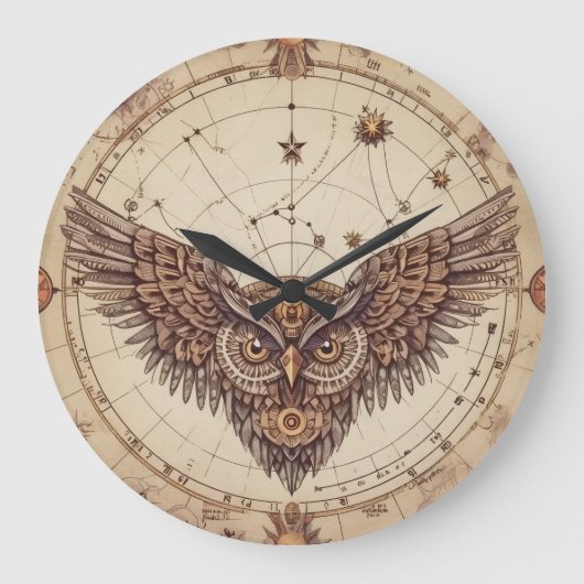 Steampunk Owl Wings Wall Clock | Vintage Mechanica ラージ壁時計 (正面)