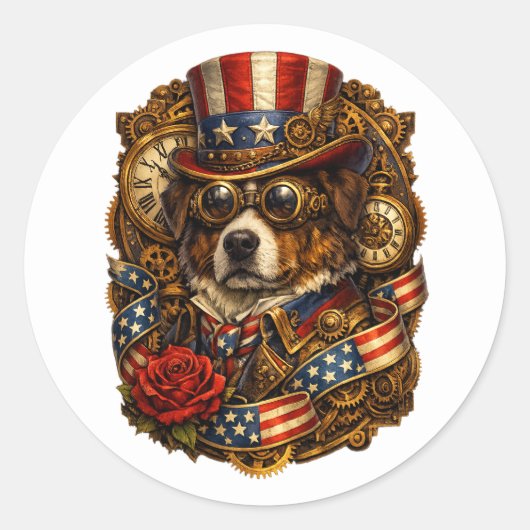 Steampunk Patriotic Dog ラウンドシール (正面)