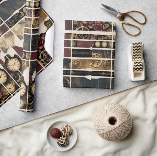 Steampunk Plum Roses & Gears Wrapping Paper ラッピングペーパー (クラフト)