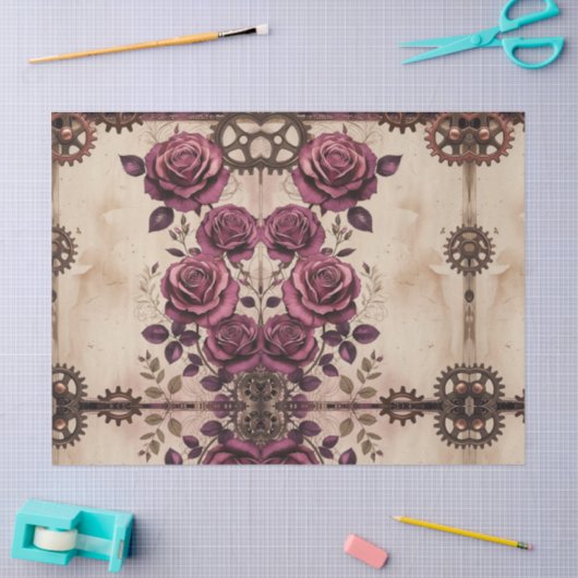 Steampunk Plum Roses & Gears Wrapping Paper 薄葉紙 (クラフト)