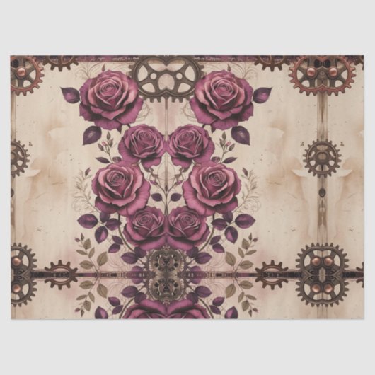Steampunk Plum Roses & Gears Wrapping Paper 薄葉紙 (正面)