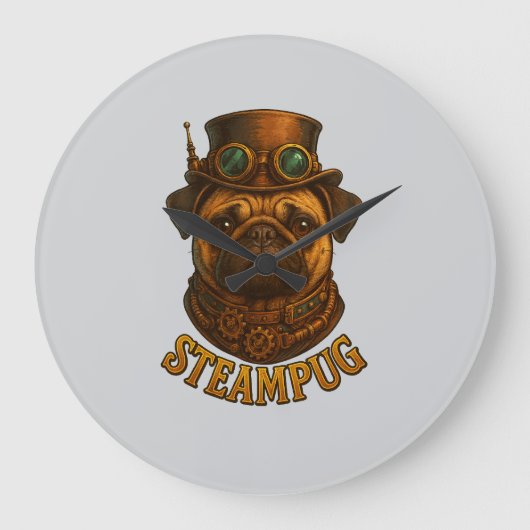 Steampunk Pug Wall Clock - vintage "Steampug" ラージ壁時計 (正面)