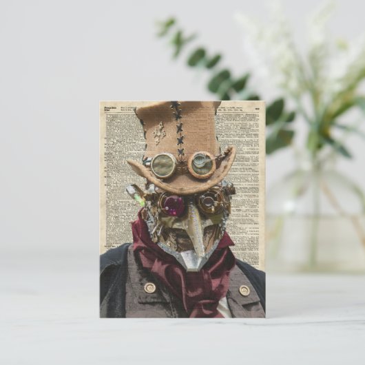 Steampunk Robot Collage Over Old Dicionary Page ポストカード (スタンド正面)