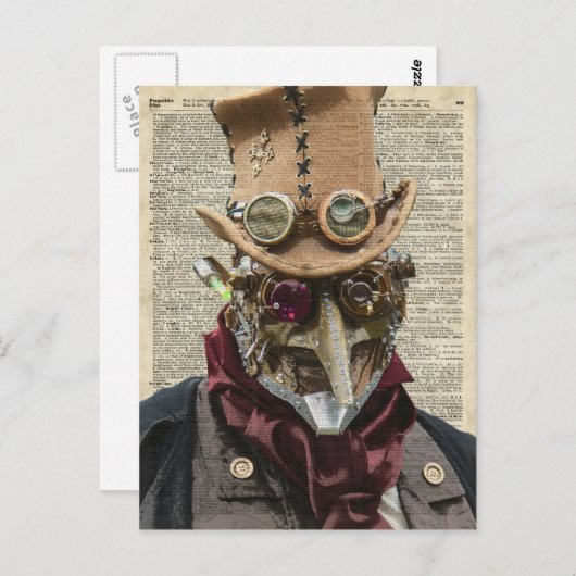 Steampunk Robot Collage Over Old Dicionary Page ポストカード (正面/裏面)