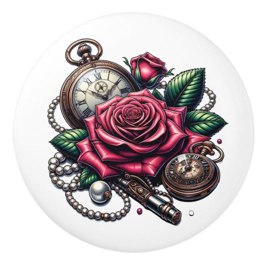 Steampunk Rose, Metal Key and Pocket Watch セラミックノブ (正面)