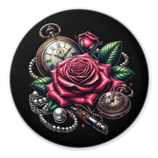 Steampunk Rose, Metal Key and Pocket Watch セラミックノブ (正面)