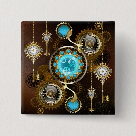 Steampunk Rusty Background with Turquoise Lenses 缶バッジ (正面)