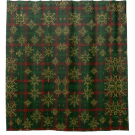 Steampunk Snowflake Red and Green Tartan シャワーカーテン