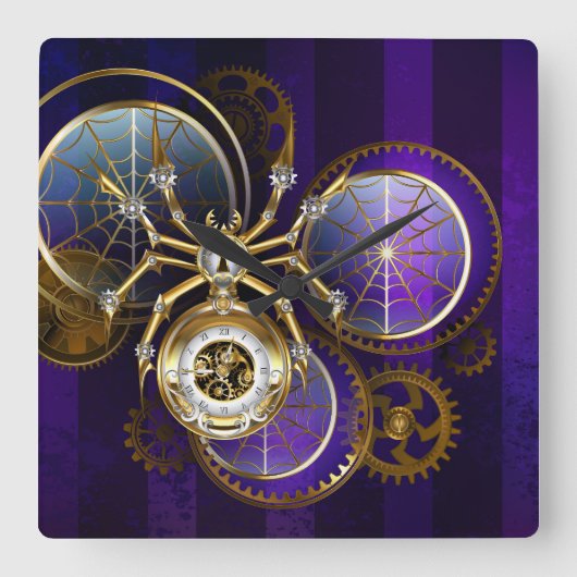 Steampunk Spider on Purple スクエア壁時計 (正面)